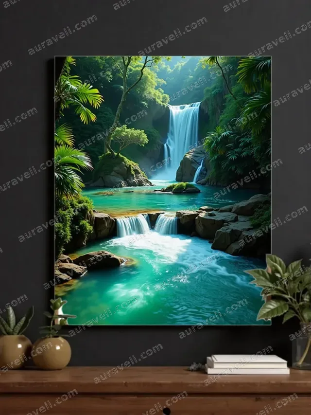 Turquoise Waterfall Rainforest Canvas Wall Art for Living Room Decor — art print