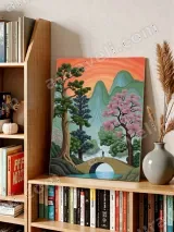Vibrant Nature Landscape with Bridge & Cherry Blossoms Canvas Wall Art for Home Decor – view 5