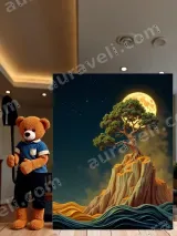 Moonlit Tree on Cliff Canvas Wall Art, Fantasy Night Sky Home Decor for Living Room