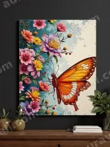 Orange Butterfly Floral Canvas Wall Art for Living Room Home Decor