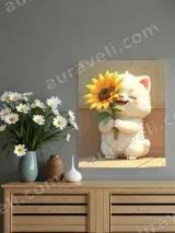 Cute White Cat Sunflower Canvas Wall Art for Living Room Home Decor – вид 2