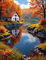 Autumn Cottage River Landscape Canvas Wall Art for Home framed modern decor