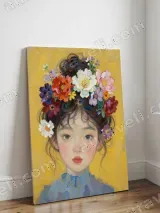 Girl with Floral Hair Oil Painting Canvas Wall Art for Home Decor – view 3