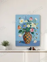 Floral Bouquet with Bees in Checkered Vase Canvas Wall Art for Home Decor – view 4