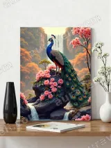 Peacock Floral Canvas Wall Art with Waterfall & Autumn Forest for Living Room Bedroom Decor