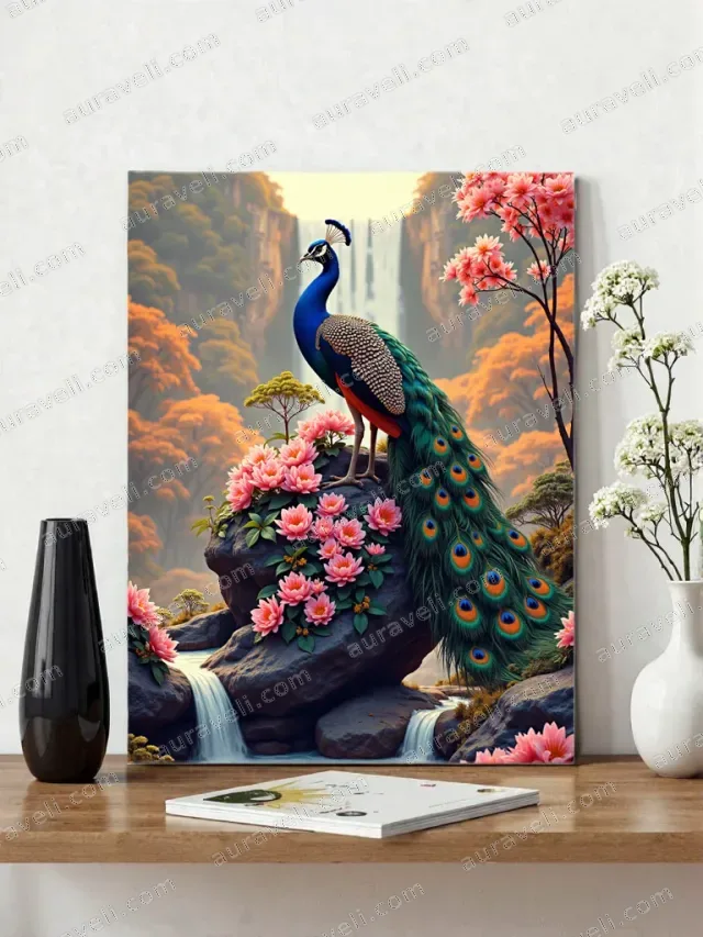 Peacock Floral Canvas Wall Art with Waterfall & Autumn Forest for Living Room Bedroom Decor — art print