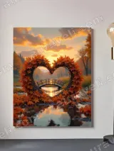 Autumn Heart Leaf Wreath Canvas Wall Art, Sunset Bridge Fall Home Decor – view 2