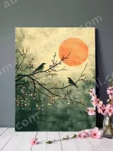 Red Sun Bird & Blossom Canvas Wall Art for Living Room Decor