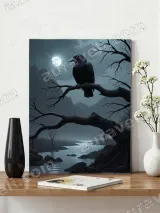 Raven on Bare Tree Moonlit River Canvas Wall Art for Home Decor