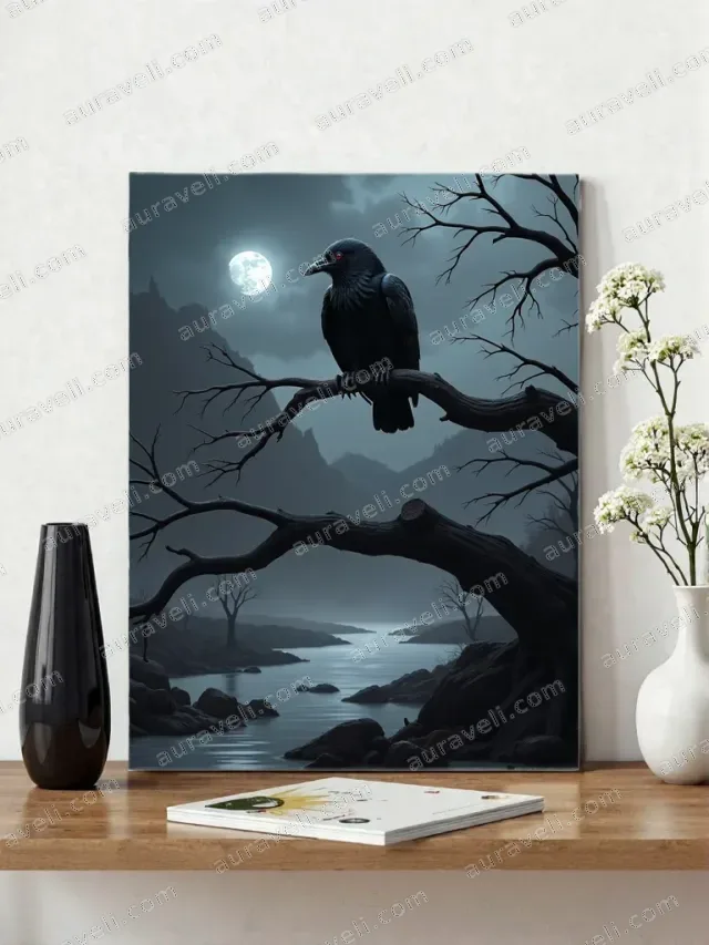 Raven on Bare Tree Moonlit River Canvas Wall Art for Home Decor — art print