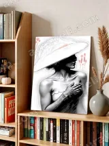 Monochrome Woman Wide - Brim Hat Red Floral Canvas Wall Art for Home Decor – view 3