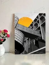 Monochrome Architecture Canvas Wall Art with Orange Sun for Home Decor