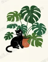 Black Cat & Monstera Canvas Wall Art for Living Room Decor wall art print