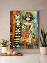 Whimsical Girl & Striped Cat Canvas Wall Art for Living Room Home Decor – вид 3