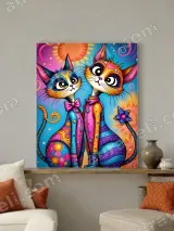 Colorful Whimsical Cats Canvas Wall Art for Living Room Home Decor – вид 3