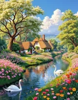 Thatched Cottage Swan River Floral Canvas Wall Art for framed modern home decor