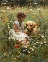 Girl & Golden Retriever Floral Field Canvas Wall Art for Home Decor botanical wall art for modern home decor