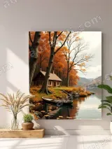 Autumn Lake Cabin Boat Canvas Wall Art for Living Room Bedroom Home Decor – view 4