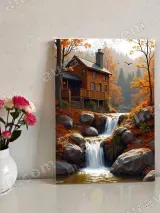 Autumn Cabin Waterfall Canvas Wall Art for Living Room Decor – view 2