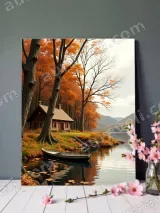 Autumn Lake Cabin Boat Canvas Wall Art for Living Room Bedroom Home Decor – view 2