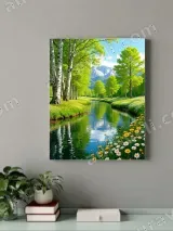 Scenic River with Birch Trees & Flowers Canvas Wall Art for Home Decor