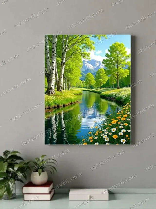 Scenic River with Birch Trees & Flowers Canvas Wall Art for Home Decor — art print