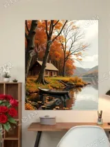 Autumn Lake Cabin Boat Canvas Wall Art for Living Room Bedroom Home Decor