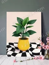 Botanical Plant Yellow Pot Checkerboard Canvas Wall Art for Home Decor