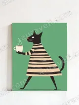 Whimsical Cat with Coffee Cup Striped Dress Canvas Wall Art for Home Decor