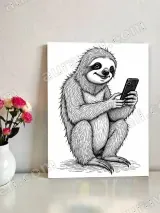 Sloth Holding Phone Black & White Line Art Canvas Wall Art for Home Decor