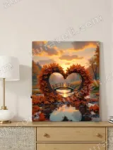 Autumn Heart Leaf Wreath Canvas Wall Art, Sunset Bridge Fall Home Decor – view 4