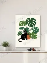 Black Cat & Monstera Canvas Wall Art for Living Room Decor – вид 4