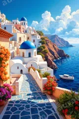 Santorini Coastal Village Canvas Wall Art Mediterranean Home Decor framed for modern