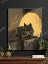 Wolf with Golden Moon Canvas Wall Art for Living Room Bedroom Home Decor
