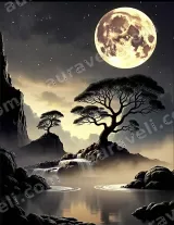 Zen Moonlit Tree & Waterfall Landscape Canvas Wall Art for Home Decor wall art print