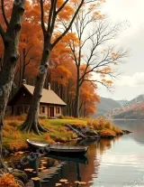 Autumn Lake Cabin Boat Canvas Wall Art for Living framed modern home decor