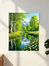 Scenic River with Birch Trees & Flowers Canvas Wall Art for Home Decor – view 2
