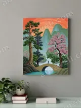 Vibrant Nature Landscape with Bridge & Cherry Blossoms Canvas Wall Art for Home Decor