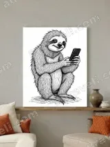 Sloth Holding Phone Black & White Line Art Canvas Wall Art for Home Decor – вид 2