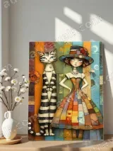 Whimsical Girl & Striped Cat Canvas Wall Art for Living Room Home Decor – вид 5