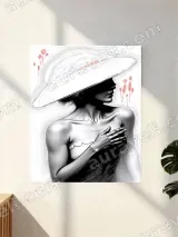 Monochrome Woman Wide - Brim Hat Red Floral Canvas Wall Art for Home Decor