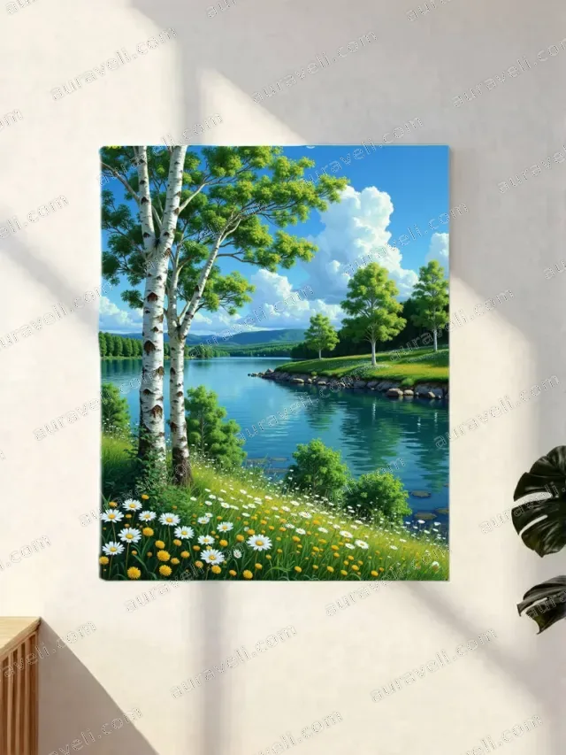 Serene Lake & Birch Tree Landscape Canvas Wall Art for Living Room Bedroom Home Decor — art print