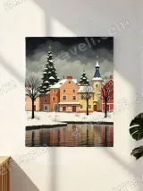 Colorful Winter Village with Lake Canvas Wall Art for Home Decor