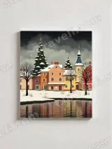 Colorful Winter Village with Lake Canvas Wall Art for Home Decor – вид 2