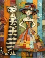 Whimsical Girl & Striped Cat Canvas Wall Art for Living Room Home Decor wall art print