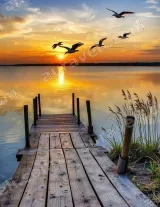 Sunset Lake Wooden Dock Birds Canvas Wall Art for framed modern home decor