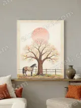 Colorful Tree & Horse Canvas Wall Art with Pink Sun for Living Room Decor – view 2