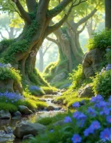 Enchanted Forest Stream with Blue Flowers Canvas Wall Art for Home Decor wall art print