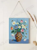 Floral Bouquet with Bees in Checkered Vase Canvas Wall Art for Home Decor – view 2