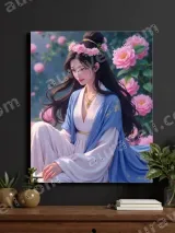 Elegant Asian Lady Floral Canvas Wall Art for Bedroom Home Decor
